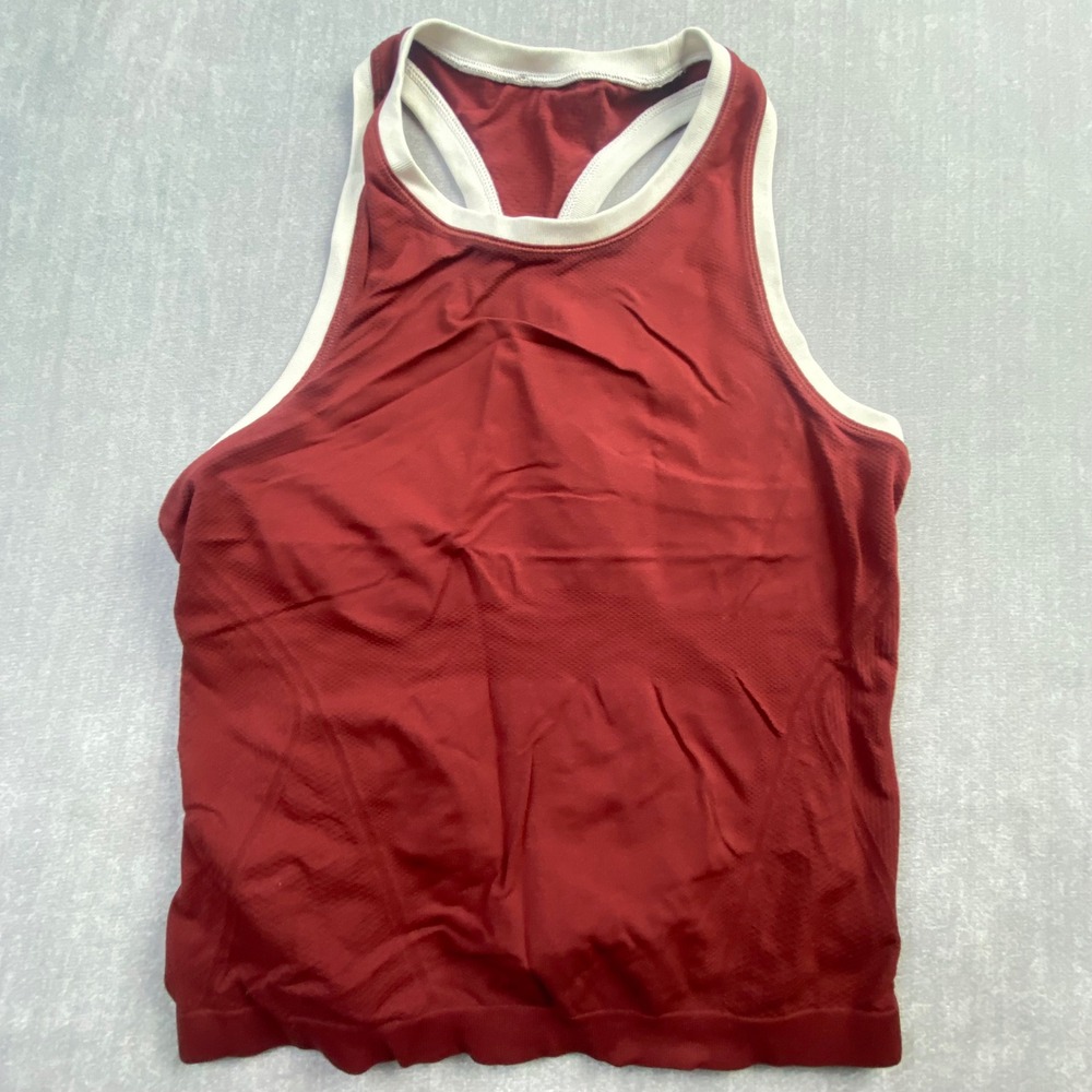 Athleta Seamless Racerback Tank Top Burgundy Red White Trim High Neck Workout‎